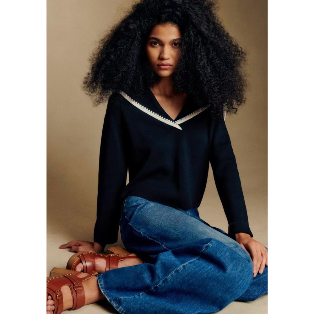 Sezane Naya Jumper  Marine with Ecru Details - Picture 4 of 12